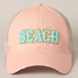 BEACH Chenille Letter Patch Mesh Back Baseball Cap: DUSTY PINK / One Size