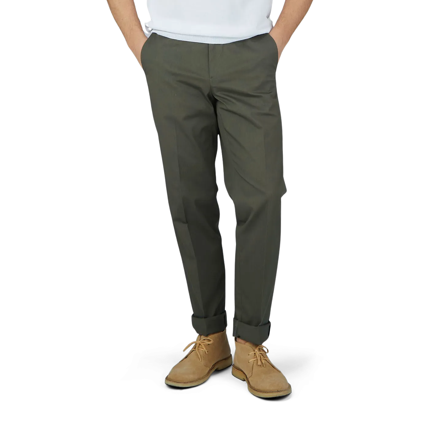 Dark Green Cotton Twill Flat Front Trousers