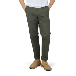 Dark Green Cotton Twill Flat Front Trousers