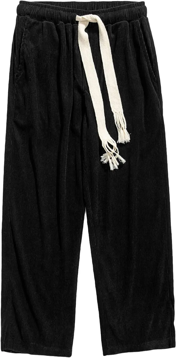 JEsilunmaMY Men's Drawstring Corduroy Pants Elastic Waist Soft Comfy Harem Pants with Pocket Loose Straight Lounge Trousers