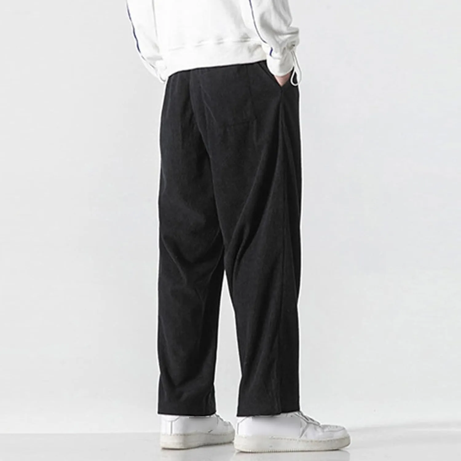 JEsilunmaMY Men's Drawstring Corduroy Pants Elastic Waist Soft Comfy Harem Pants with Pocket Loose Straight Lounge Trousers