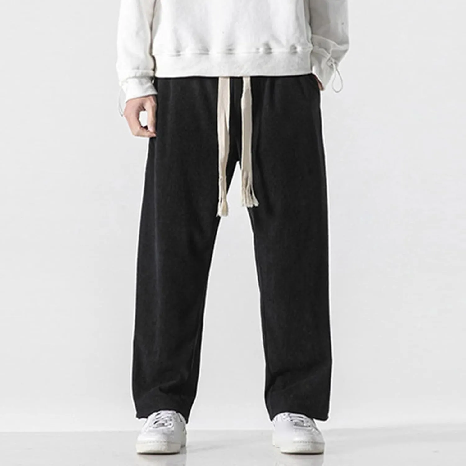 JEsilunmaMY Men's Drawstring Corduroy Pants Elastic Waist Soft Comfy Harem Pants with Pocket Loose Straight Lounge Trousers