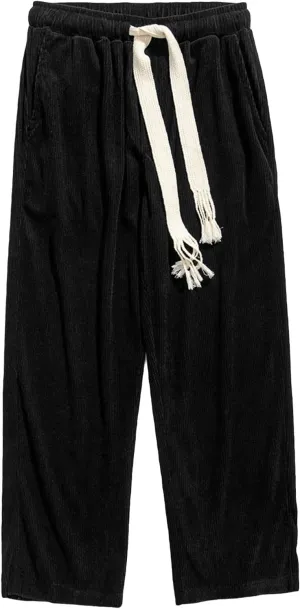 JEsilunmaMY Men's Drawstring Corduroy Pants Elastic Waist Soft Comfy Harem Pants with Pocket Loose Straight Lounge Trousers
