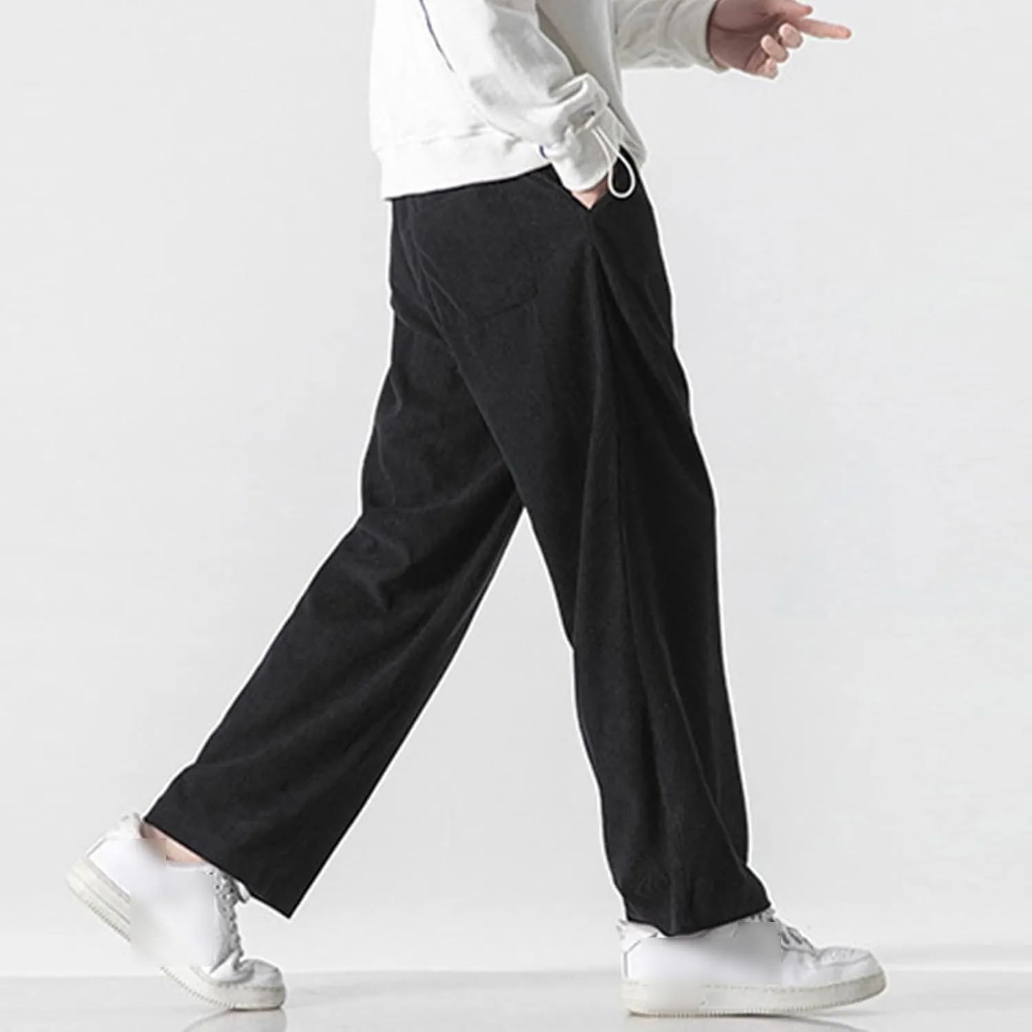 JEsilunmaMY Men's Drawstring Corduroy Pants Elastic Waist Soft Comfy Harem Pants with Pocket Loose Straight Lounge Trousers