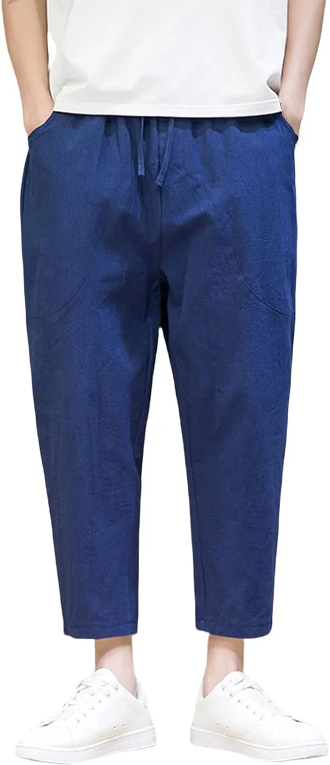 Linen Pants Men Loose Fit Classic Flat Front Chino Pants Casual Lightweight Straight Leg Summer Beach Trousers