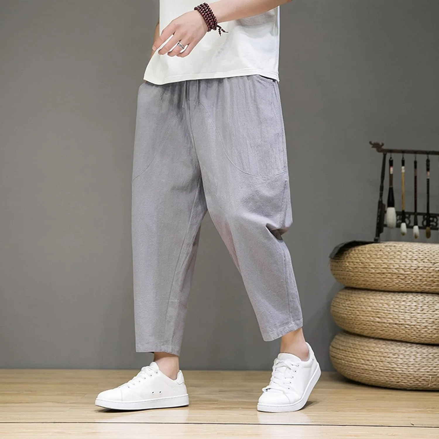Linen Pants Men Loose Fit Classic Flat Front Chino Pants Casual Lightweight Straight Leg Summer Beach Trousers
