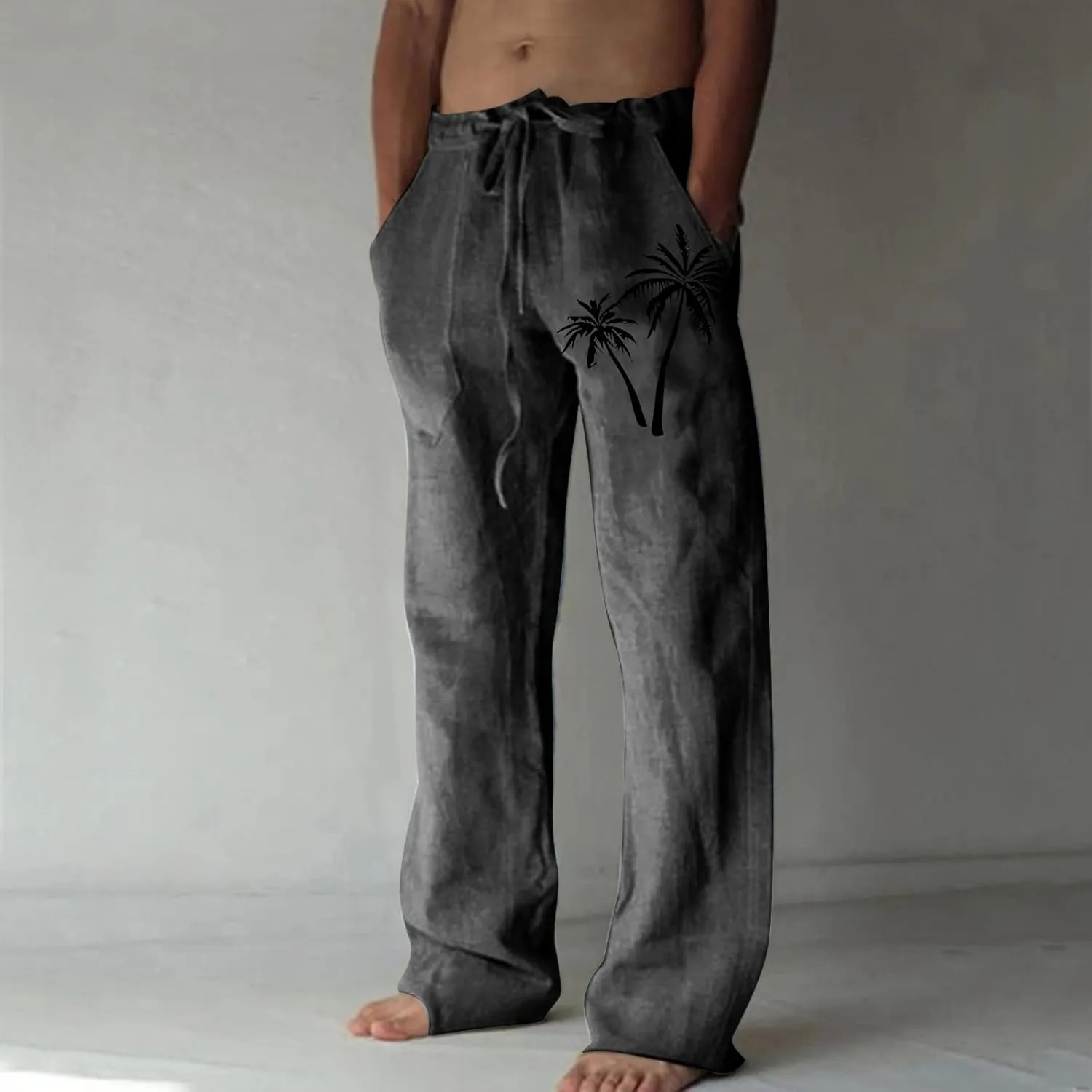 Linen Pants Men Slim Fit Casual Drawstring Elastic Waist Tree Printed Beach Yoga Pants Summer Lightweight Trousers