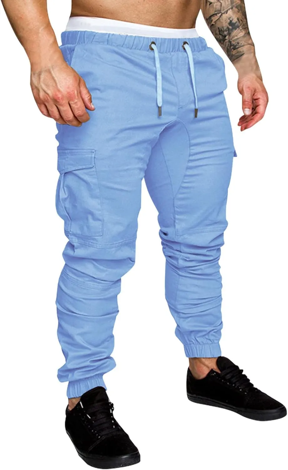 Mens Casual Cargo Pants Elastic Drawstring Trousers Cotton Workout Sweatpants Hiking Outdoor Joggers with Pockets