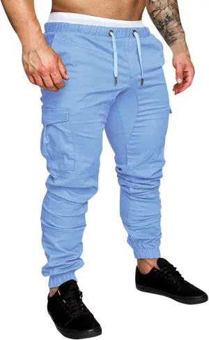 Mens Casual Cargo Pants Elastic Drawstring Trousers Cotton Workout Sweatpants Hiking Outdoor Joggers with Pockets