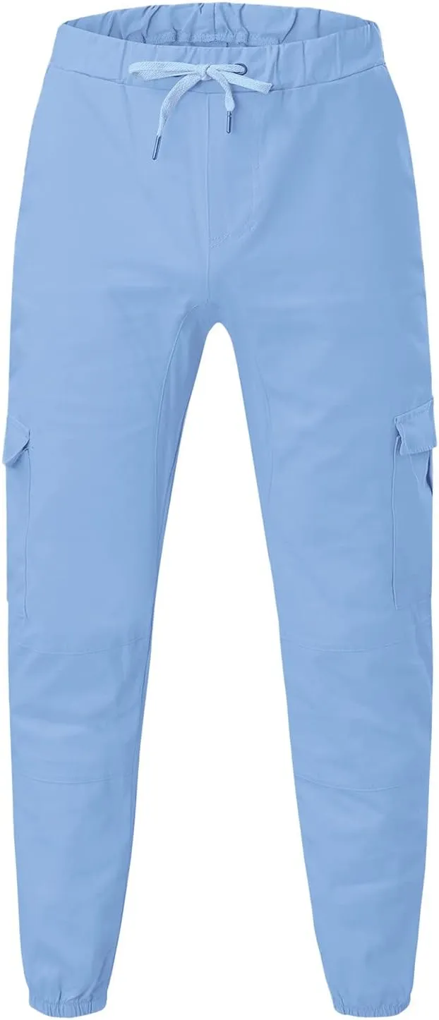 Mens Casual Cargo Pants Elastic Drawstring Trousers Cotton Workout Sweatpants Hiking Outdoor Joggers with Pockets