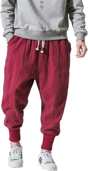 Men's Casual Harem Pants Harajuku Solid Color Streetwear Loose Cotton Linen Elastic Waist Trousers