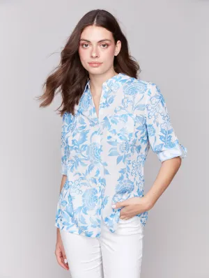 Printed Rayon Long Sleeve Shirt - Denim
