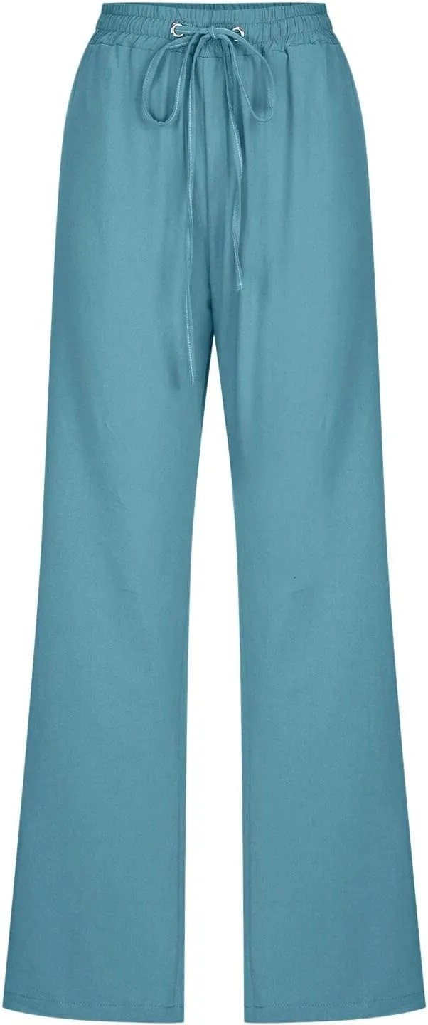 sdbrld Linen Pants Women,Women's 2025 Casual Linen High Waist Pants Drawstring Loose Fit Summer Pants Trousers with Pockets
