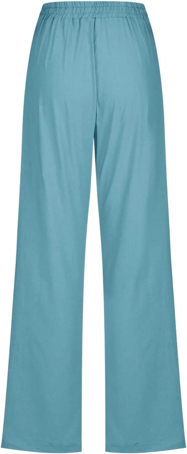 sdbrld Linen Pants Women,Women's 2025 Casual Linen High Waist Pants Drawstring Loose Fit Summer Pants Trousers with Pockets