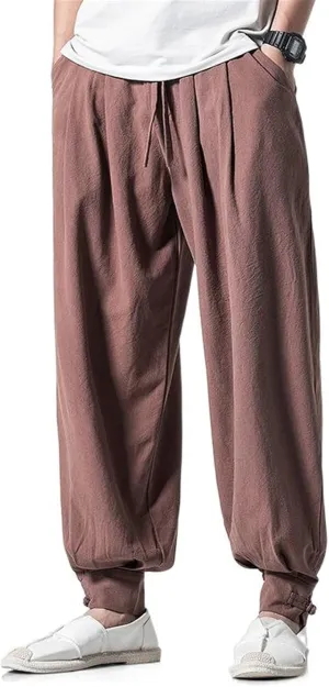 Summer Chinese Style Loose Fit Linen Pants, Mens Harem Joggers with Cuffed Legs