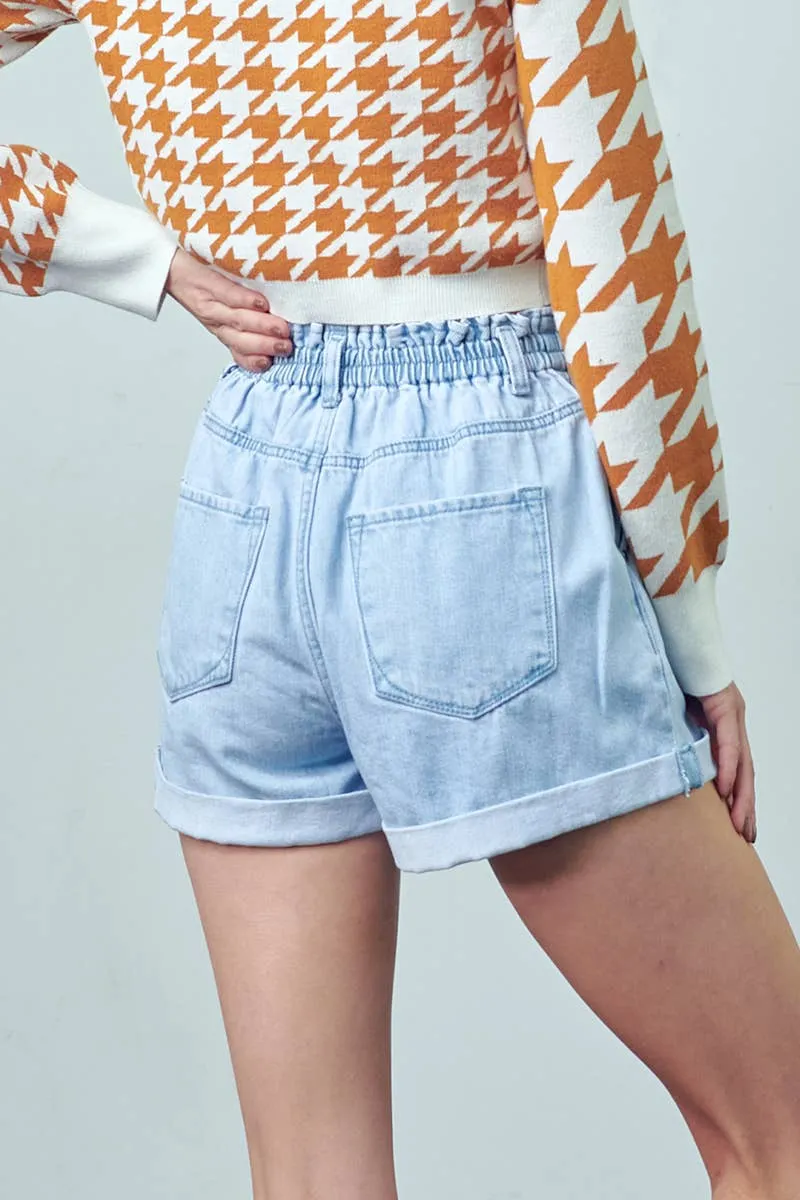 Super High Rise Pleated Roll Up Mom Denim Shorts