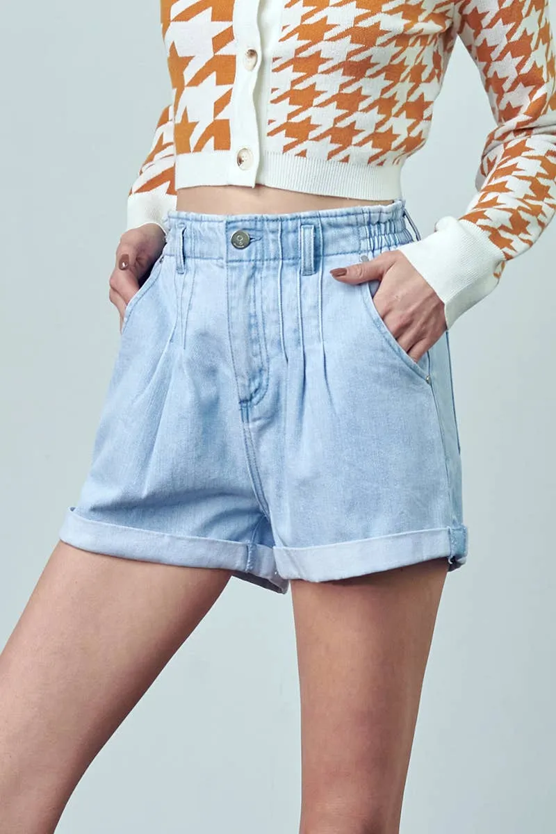Super High Rise Pleated Roll Up Mom Denim Shorts