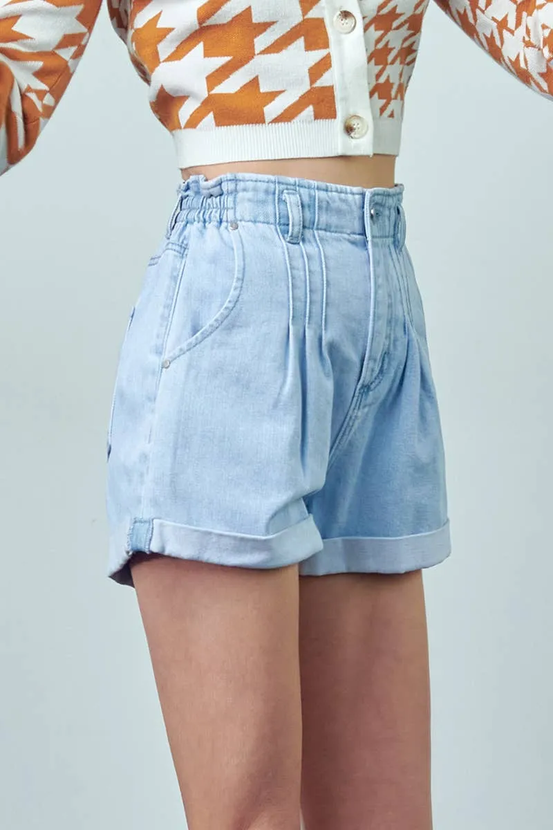 Super High Rise Pleated Roll Up Mom Denim Shorts