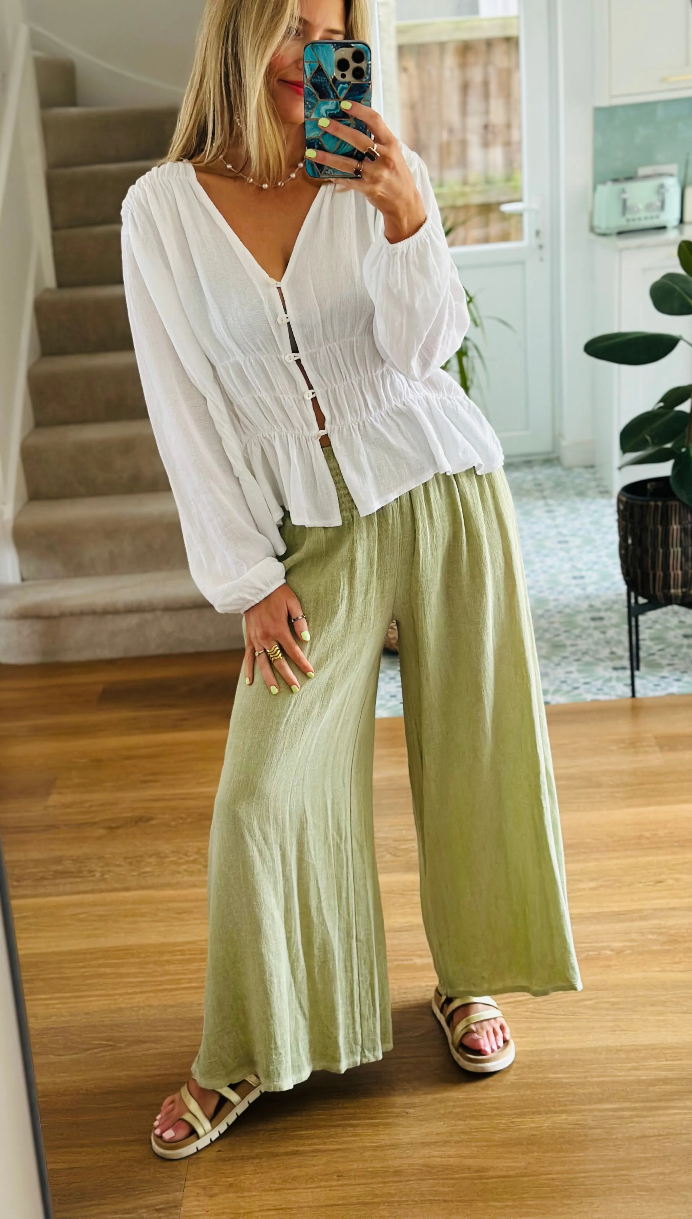Washed Linen Pistachio Trousers