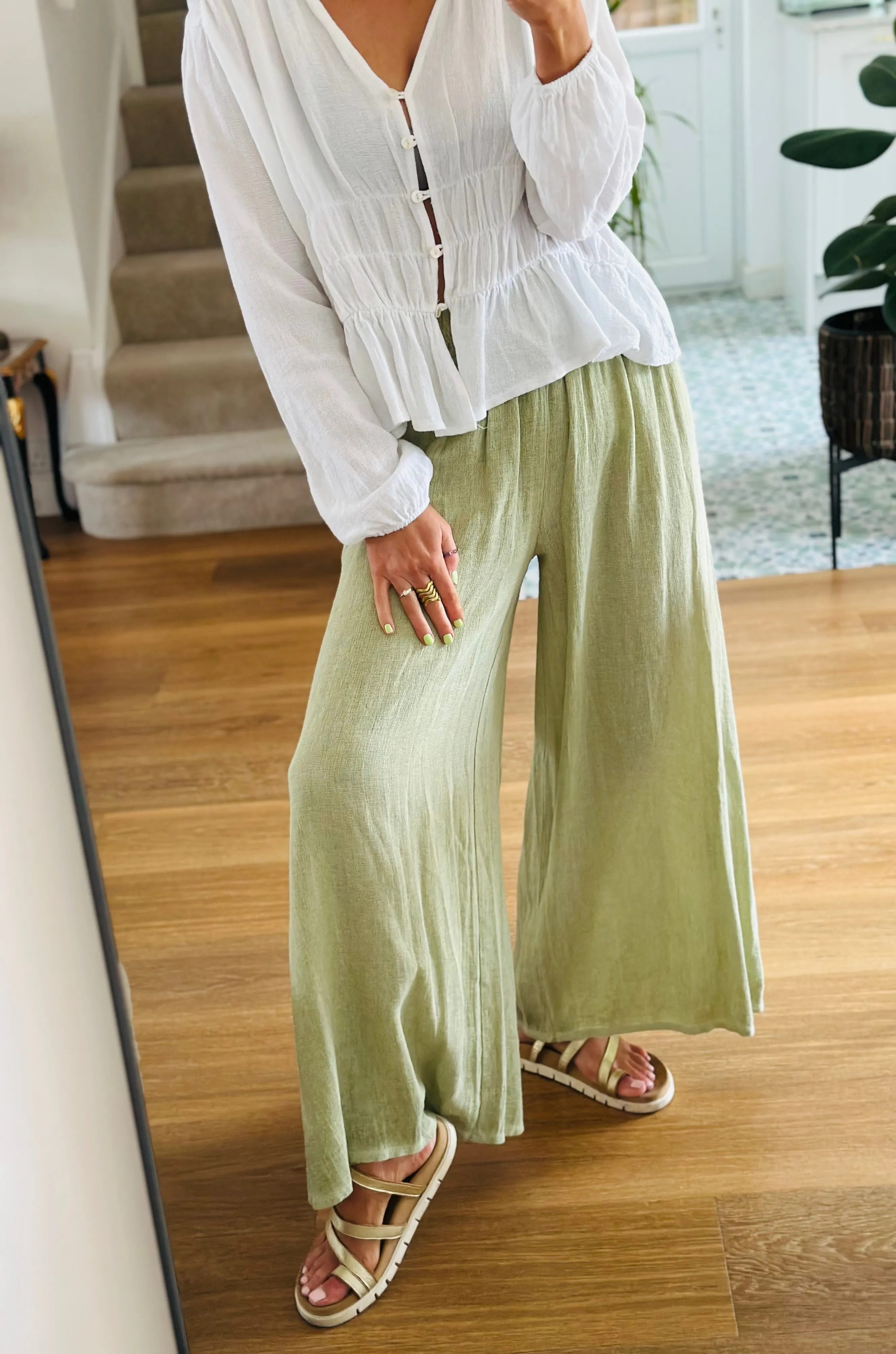 Washed Linen Pistachio Trousers