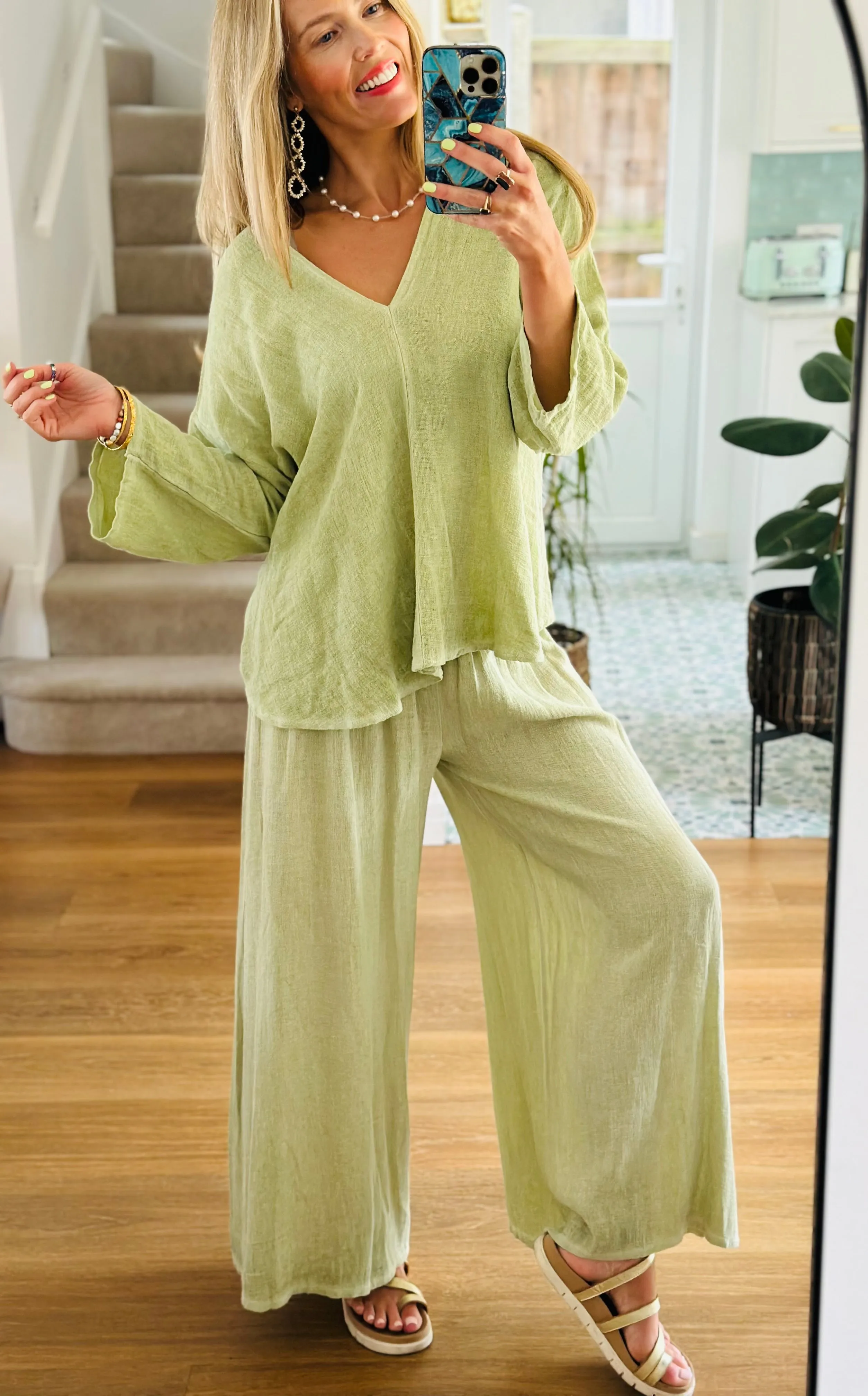 Washed Linen Pistachio Trousers