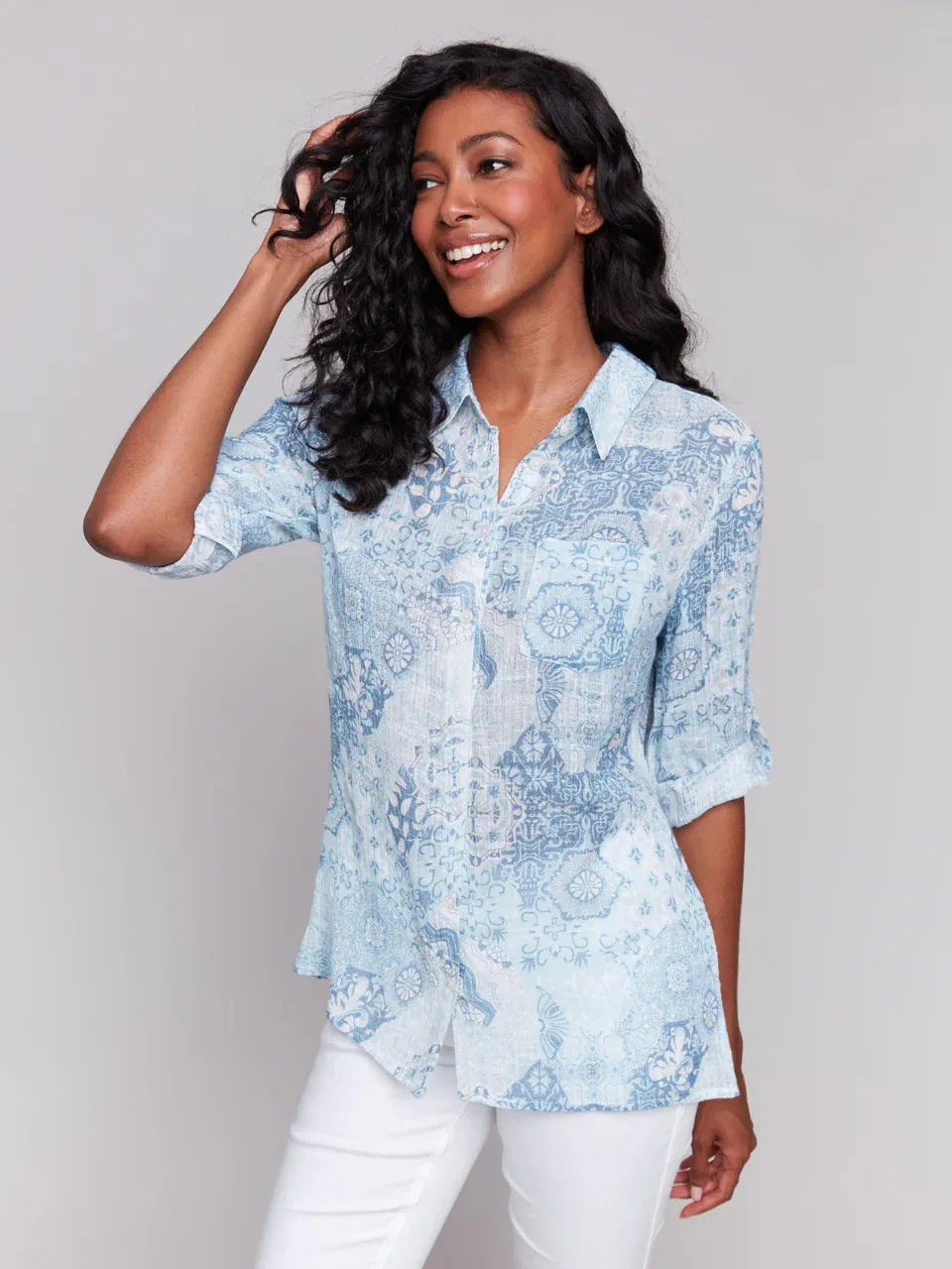 Wet Printed Roll Up Sleeves Blouse Cleste, Celestial