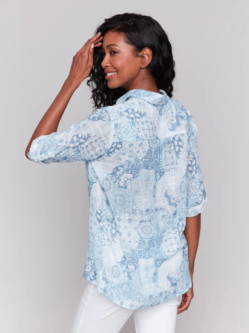 Wet Printed Roll Up Sleeves Blouse Cleste, Celestial